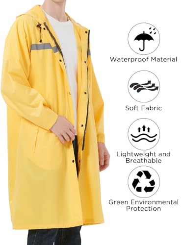 Image of Mens Long Safety Rain Coats with Air Vents Reflective Stripes Waterproof Packable Rain Jacket with Hood Lightweight