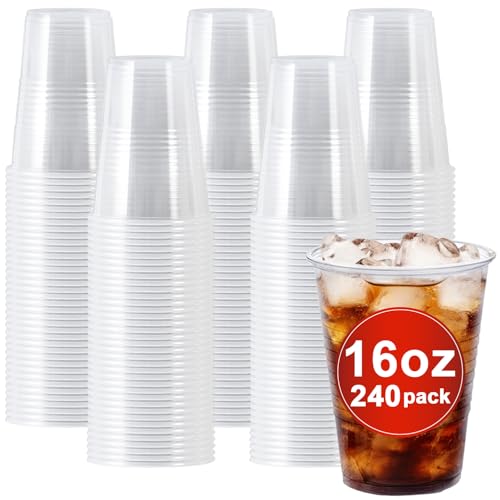 Clawsoff Plastic Cups 16 oz 240 Pack - Clear Plastic Cups Disposable Cold Drinking Ice Coffee Cup for Party Birthday Holiday Events & Everyday Use Cold Hot