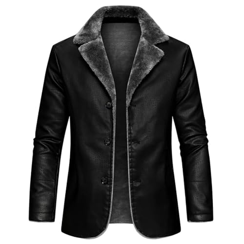 Image of Men's Faux Leather Jacket Thick Faux Fur Shearling Lapel Collar Botton Down Long Trench Coats Black Brown