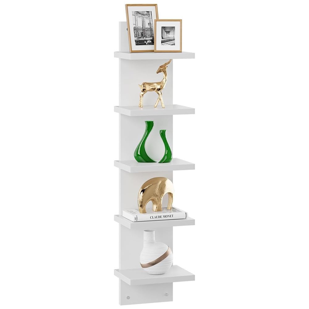 Wall Shelf Bookcase, Wooden 5 Tier Wall Shelves Unit, Storage Organizer Shelf, Compact Vertical Floating Shelves For Bedroom, Living Room, Bathroom, Kitchen, Office (White)