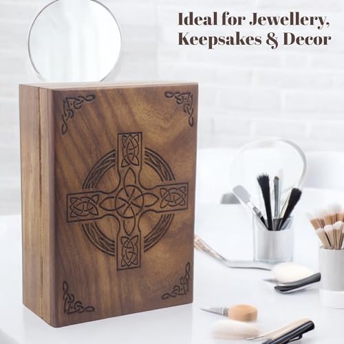 Image of Celtic Cross Wooden Jewelry Box, Rosewood Handmade Engraved Christian Keepsake Storage Chest for Women & Men, Religious Gift Box, Vintage Wooden Treasure Organizer for Jewelry & Decor