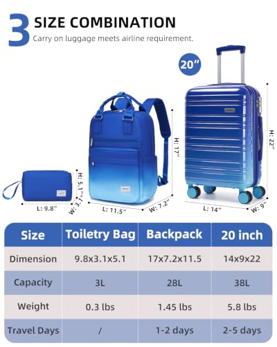 Image of LARVENDER Carry on Luggage 22x14x9 Airline Approved Hardshell Suitcase with Wheels TSA Lock, PC+ABS Lightweight Suitcase Set for Women with Travel Backpack, Navy Glow, 3 Piece Set