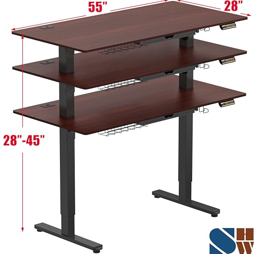 Image of SHW 55 x 28 Inches Electric Height Adjustable Standing Desk with Drawer and Memory Preset, Cherry