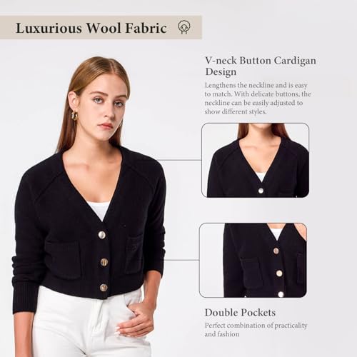 Image of Simple&Opulence Women's Cashmere Cardigan Sweater, Cashmere Long Sleeve V Neck Open Front Cardigan with Pocket