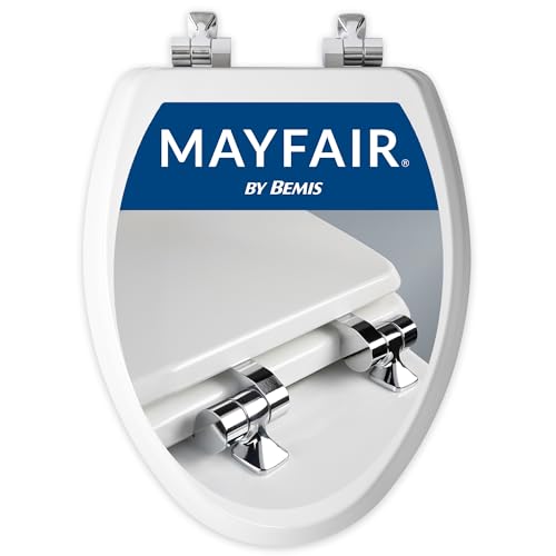 Mayfair Bennett Toilet Seat with Chrome Hinges, Slow Close Wood Seat, Secure Metal Hinges, Easy Install, Made in USA, Elongated, White