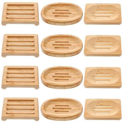 12 Pcs Bamboo Soap Dish Bulk, Self-Draining Non-Slip Bamboo Soap
