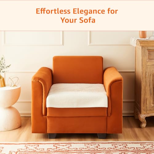 Image of Amazon Basics Knitted Fabric Sofa Cover for Single Seater, Playful Polka Dots, Non-Slip Sofa Pad, 70x70 cm, Soft Silicone Grip Dots, 100% Polyester, Machine Washable - Camel