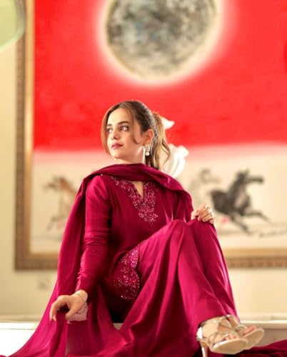 Image of Women's Natural Crepe Silk Kurta Set with Farshi Pant and Dupatta | Embroidery Sequence Work Fully Stitched Ethnic Suit