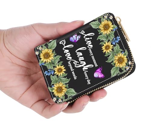 RFID Small Credit Card Holder Wallets for Women, Slim Leather Card Case Wallet with Zipper Accordion Wallets, Sunflower Quote Live Laugh Love 5