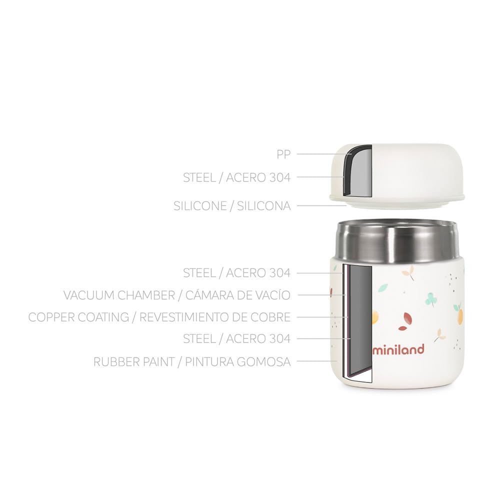 Miniland Food Thermy Mini Valencia 280ml. Thermos per alimenti per bambini da 280 ml, con doppio strato di acciaio che mantiene la temperatura del cibo per ore.