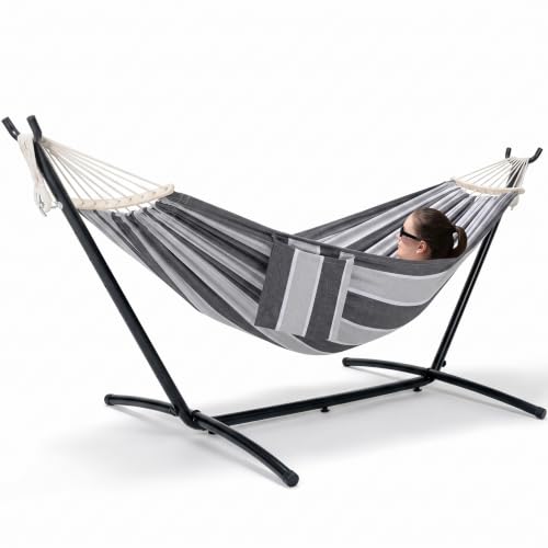 Image of GAFETE Double Hammock with Stand for Outside, Upgraded Spreader Bar, Heavy Duty Space Saving Steel Stand 2 Person, Side Pockets, Easy Assembly, 600lbs Weight Capacity, Indoor & Outdoor (Misty Falls)