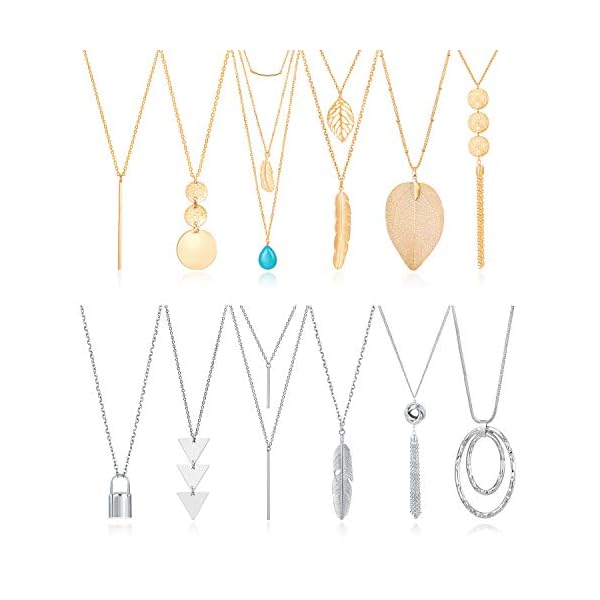 Fecsiory-12-Pcs-Long-Pendant-Necklace-for-Women-Gold-Bar-Feather-Triangle-Leaf-Lock-Tassel-Y-Necklace-Jewelry-Set-for-Girls
