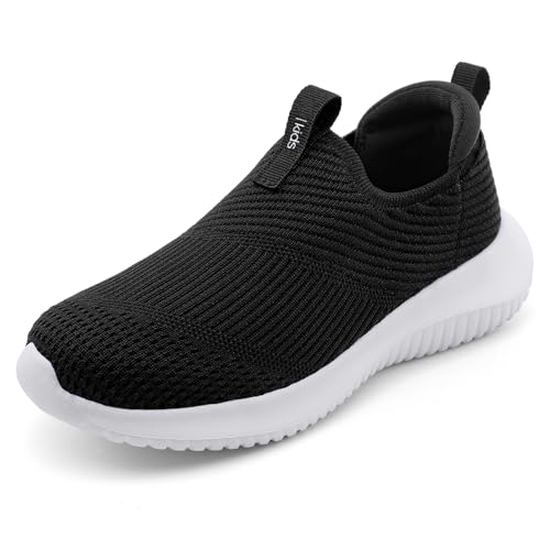 STQ Boys Sneakers Kids Slip on Shoes Running Walking Tennis Athletic Sports Barefoot Cushion Fitness Training Fashion Minimalist Children Youth School Teen Non Slip Black White Size 5 Big Kid