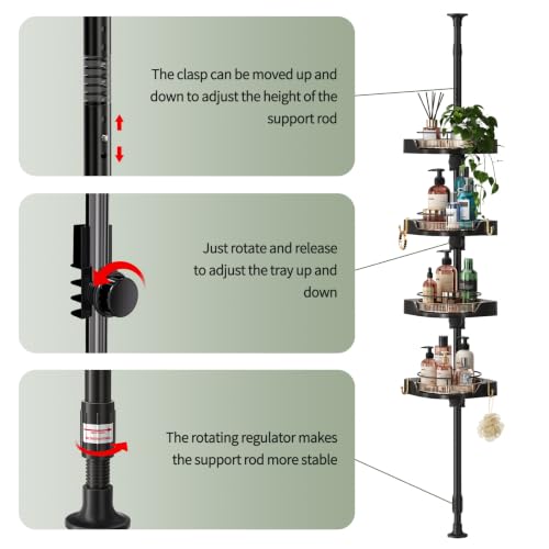 Image of akinbas 360 Rotating Shower Caddy Tension Pole with 4-Tier Rustproof Lazy Susan 35-128 Inch No Drilling Coner Shelves Adjustable Shower Rack for Bathroom Bathtub Washbasin Plant Storage (Black+Gold)