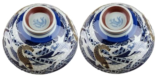 Japanese Mino Ware Ceramic Rice Bowl Set Carps Pattern 4.84 Inches Diameter x H2.64 Inches, 13.3 Fluid Ounces Chawan, Blue Set of 2 from Japan (Carps)