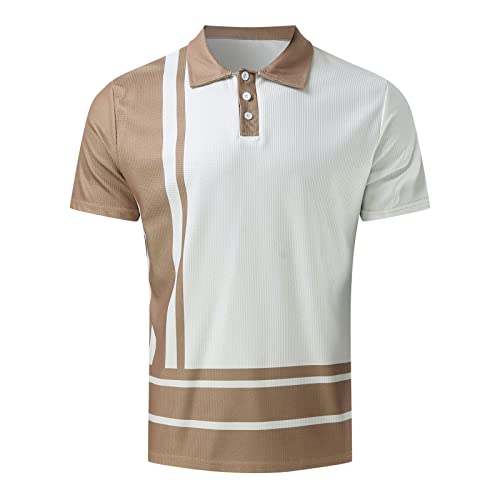 STKOOBQ Camiseta masculina de verão xadrez manga curta com lapela listrada colorida, Caqui, P