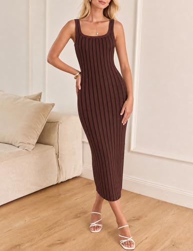 Image of ZESICA Women's 2026 Summer Bodycon Midi Dress Casual Sleeveless Square Neck Side Slit Knit Beach Vacation Long Dresses