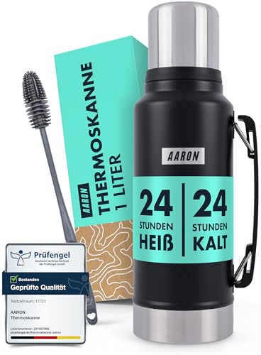 AARON Flask Thermoskanne 1L - mind. 24h Heiß/Kalt, auslaufsichere Trinkflasche aus Edelstahl, Spülmaschinenfest - Thermosflasche Edelstahl und schwarz