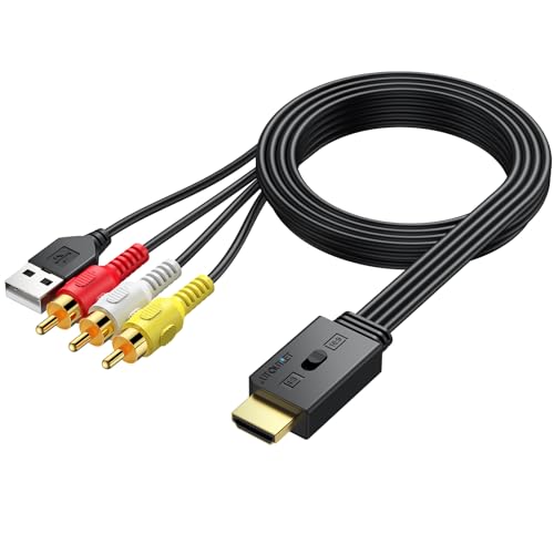 AUTOUTLET RCA auf HDMI Konverter, 1080P AV auf HDMI Adapter unterstützt 16:9/4:3 Konvertierung & PAL/NTSC, AV Cinch Video Audio Adapter Mit 150cm Männlich-RCA-Kabel für DVD-, VHS- und VCR-Spieler