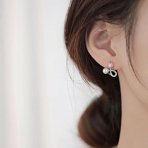 Reffeer Solid 925 Sterling Silver Pink Flower Stud Earrings for Women Teens Spring Flower Stud Earrings Pearls3