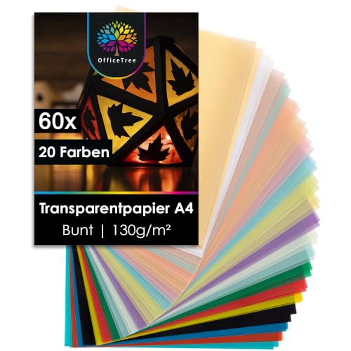 OfficeTree 60x Transparentpapier Bunt A4 – 20 Farben - 130 g/m² - Extra Stark...