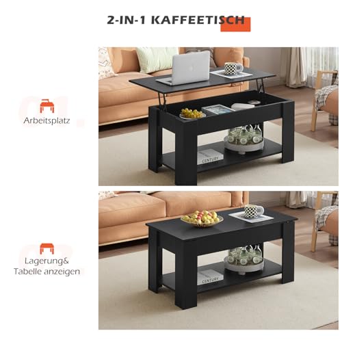 TUKAILAI Couchtisch, Wohnzimmer Tisch Höhenverstellbar, mit Stauraum, Hubplatte, Offenes Fach, für Wohnzimmer, Büro, 40 x 100 x (42.5-55) cm – Bild 7