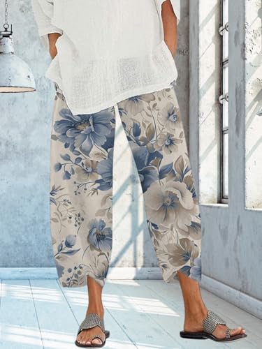 Womens Boho Floral Pants Wide Leg High Waist Trousers Baggy Casual Printed Summer Beach Capri Pants with Pockets3