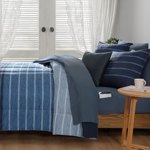 Image of Monbix Queen Comforter Set - 7 Pieces Bed in a Bag Queen, Navy Blue-Stripe Bedding Sets, All Seasons Comforter Bed Set with Sheets, Pillowcases & Shams