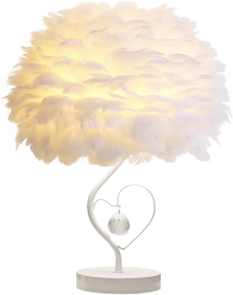 Feather Bedside Lamp Bedside Lampshade Modern Feather Table Light Desk Lampshade with Crystal in Heart for Living Room, Bedroom, Bar, Restaurant, Hotel