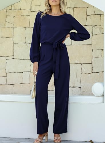 Happy Sailed Women Casual Loose Long Sleeve Belted Wide Leg Pant Romper Jumpsuits Medium Blue - Thumbnail 4