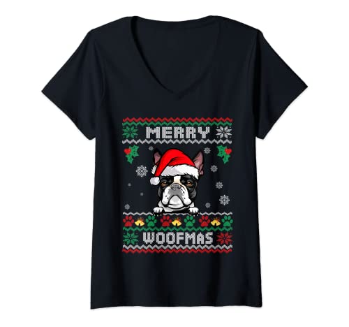 Mujer Merry Christmas Woofmas Boston Terrier Dog Funny Ugly Xmas Camiseta Cuello V
