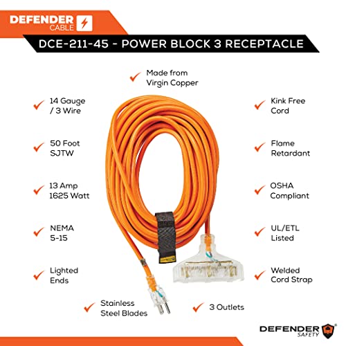 Defender Cable 14/3 Gauge, 50 Ft Triple Outlet Sjtw Contractor Grade Extension Cord, With Lighted End,Ul/Etl Listed, All Purpose (Osha Compliant) #TOP3