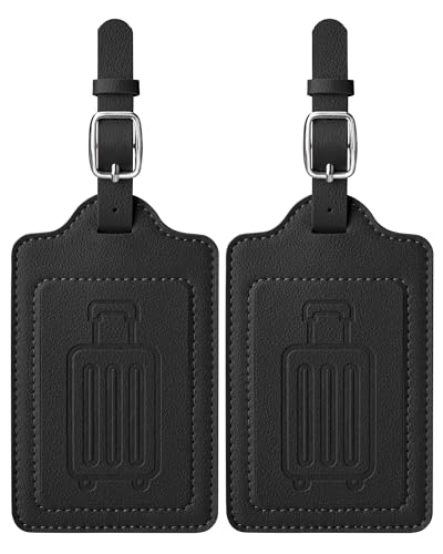 Image of Teskyer Leather Luggage Tags for Suitcases, 2 Pack, Black | Extra-Thick Leather Built to Last, Unique Embossed Design for Easy Identification, Privacy Flap, Includes 4 Info Cards