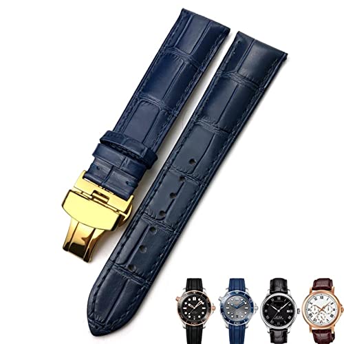 Bracelet en cuir de vache véritable 22mm bleu or avec boucle papillon haut de gamme