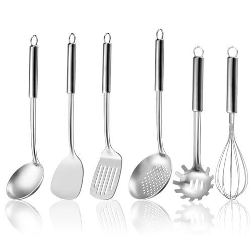 Comparison: Best Cooking Utensils For Stainless Steel 11 Gymdin 6-Piece Kitchen Cooking Utensils Set, Stainless Steel Kitchen Utensils with Suspendable Handle, Spatula, Slotted Turner, Soup Ladle, Slotted Spoon, Whisk, Pasta Server, Dishwasher Safe