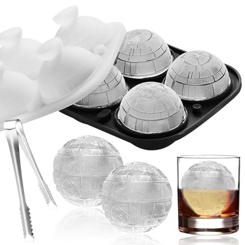 Cubitera de silicona 4 XXL, grande, forma de bola de hielo con tapa, clip de 6 cm, estrella de la muerte, redonda, forma de bola de hielo, divertido cubo de hielo, bola para cóctel, whisky, bebida