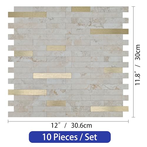 Peel and Stick PVC Backsplash Tiles, 11.8"×11.4" Self-Adhesive Wall Tiles for Kitchen Backsplash, Laundry Room, Beige Gold, 10 Sheets, Imitation Marble Style by Generic - Used condition - Image 2