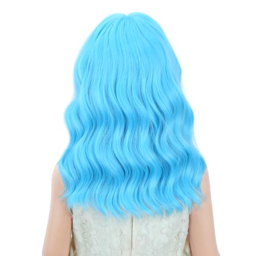 Image of PATTNIUM Blue Wig for Women Short Wavy Wig with Bangs Light Blue Wigs Heat Resistant Synthetic Hair Wigs