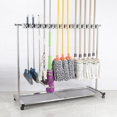 Porte Balai Et Serpillière Organisateur de Fournitures de Nettoyage, Support de Vadrouille Mobile Au Sol Station d'entretien ménager de chariot d'outil de nettoyage,Pour Les Écoles de Garage De Jardin