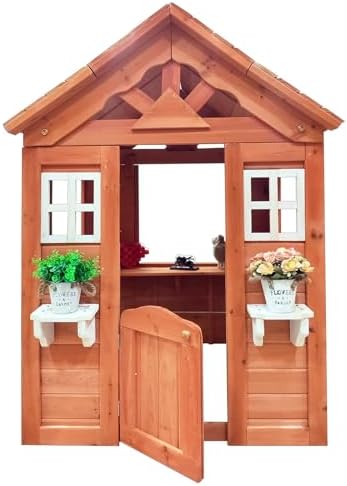 Outdoor Children’s Playhouse, Rustic Wooden Fun House with Flowerpot Holder Window, 42″ L x 46″W x 55″ H, Golden Red