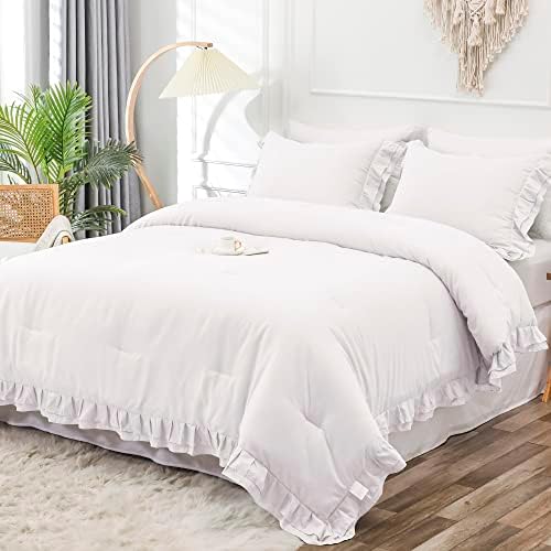 YOZEN White Double Ruffle Comforter Set Queen Size (90x90 Inch), 3 Pcs Farmhouse Vintage Comforter Set (1 Ruffled Comforter and 2 Pillowcase), Rustic All Season Down Alternative Bedding Set