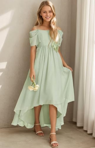 POMUYOO Cold Shoulder Junior Bridesmaid Dress for Wedding High Low Chiffon Teen Girls Party Pageant Gowns YG3402