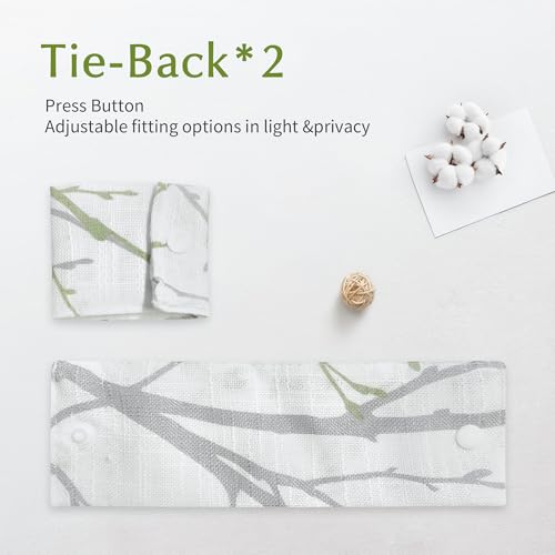 Image of FMFUNCTEX Sidelight Sheer French Door Curtains 72 Inches Long White, Green and Grey Print Branch Semi-Sheer Door Panels for Front Patio Door 24 Inches Wide 2 Panels Set
