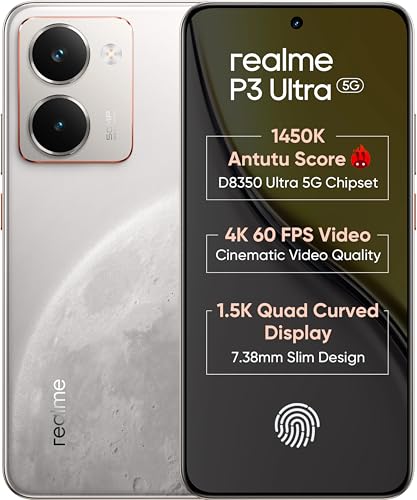 Image of realme P3 Ultra 5G (Glowing Lunar White, 8GB RAM, 128GB Storage) | MediaTek Dimensity 8350 Ultra Processor | 50MP AI Dual Camera | 6.83 inch 1.5K AMOLED 120Hz Display | 6000mAh Battery | 5G Smartphone