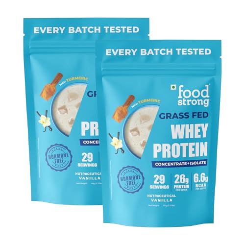 Image of Foodstrong Whey Protein Powder (Concentrate + Isolate), 100% Hormone Free Grass-Fed Whey, 26G Protein & 6.6G BCAA, Vanilla, With Turmeric & Digestive Enzymes, 1KG (Pack of 2)