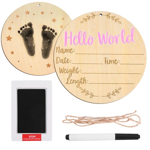 Image of Hello World Newborn Sign, 6in Round Wooden Baby Name Plaque Photo Props Newborn Welcome Signs for Hospital Nursery Babies Shower (Pink)