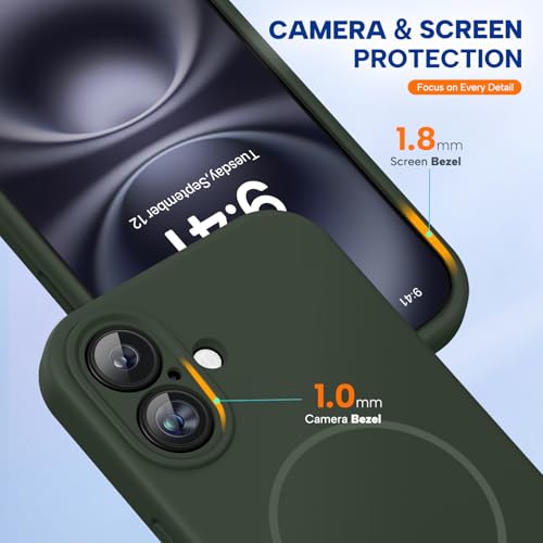 Image of Miracase Magnetic for iPhone 16 Plus Case, [Soft Anti-Scratch Microfiber Lining], Compatible with MagSafe, Liquid Silicone Shockproof Drop Protection Phone Case for 16 Plus,Dark Green