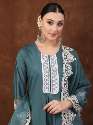 Image of Stylum Women's Embroidered Silk Blend Straight Kurta with Pant & Dupatta
