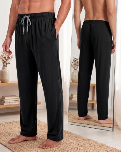 Image of 3 Pack Mens Cotton Pajamas Pants Lounge Pjs Bottoms Sleepwear Bottoms Soft Pants with Pockets Drawstring