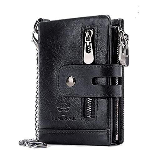 RFID Genuine Cowhide Leather Luxury Purse Casual Small Mini Leather Wallets Vintage Gents Men's Slim Wallet (Black), M